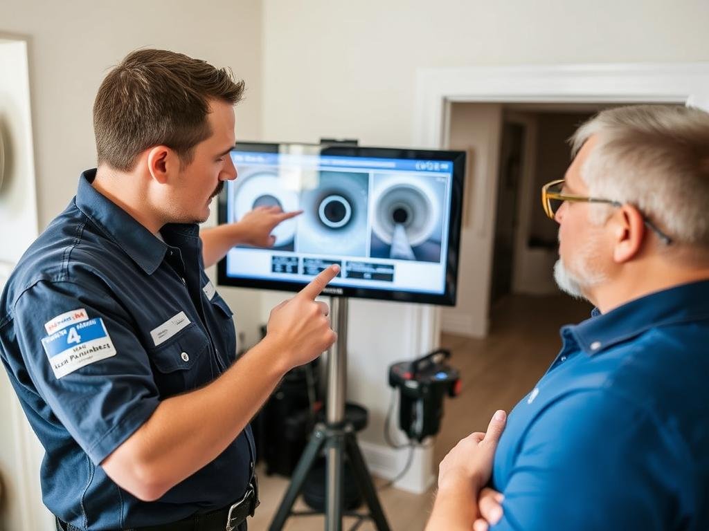 Plumber explaining sewer camera inspection results to homeowner Plumber explaining sewer camera inspection results to homeowner