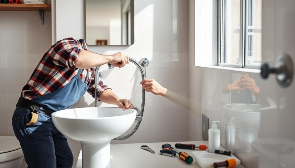 Plumber installing a new bathroom sink in Corona CA Plumber installing a new bathroom sink in Corona CA