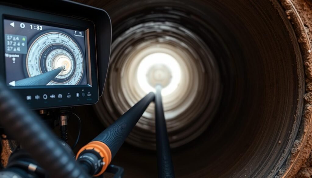 Sewer camera inspection equipment showing monitor and cable system Sewer camera inspection equipment showing monitor and cable system