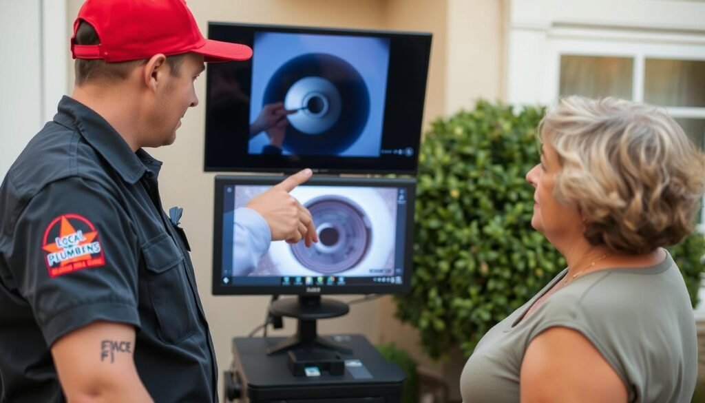 Technician showing homeowner sewer camera inspection results on monitor Technician showing homeowner sewer camera inspection results on monitor