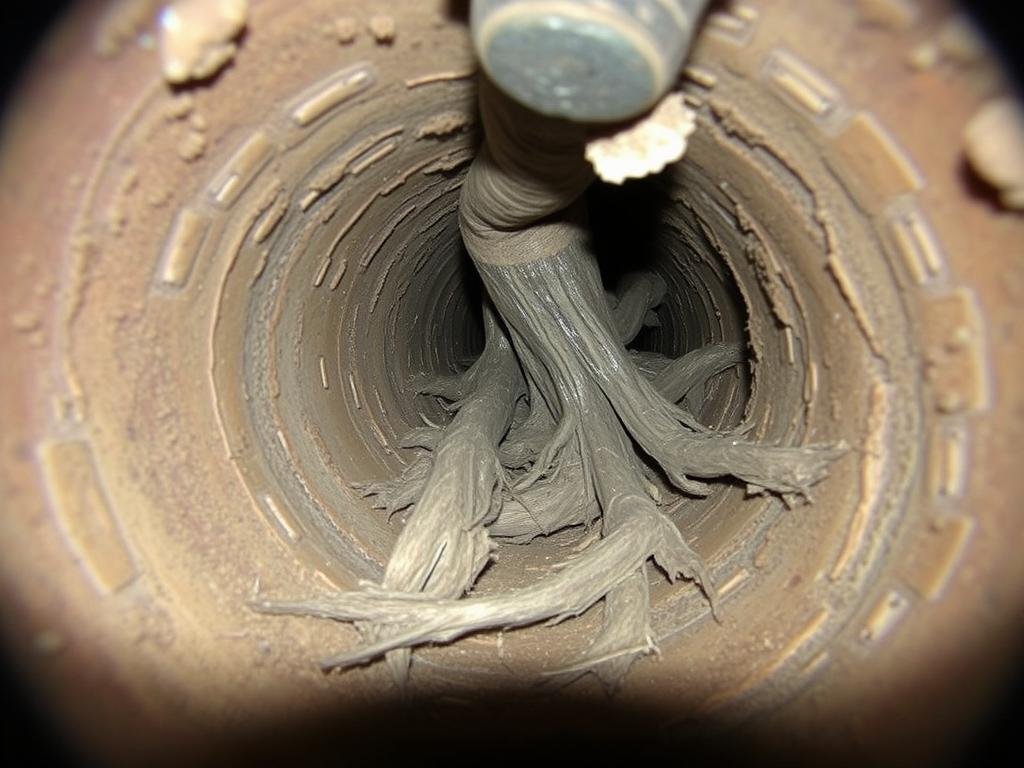 Tree root intrusion in sewer pipe detected by camera Tree root intrusion in sewer pipe detected by camera