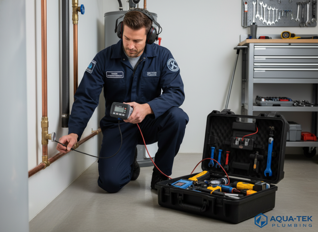 Certified plumber with professional slab leak detection equipment Certified plumber with professional slab leak detection equipment