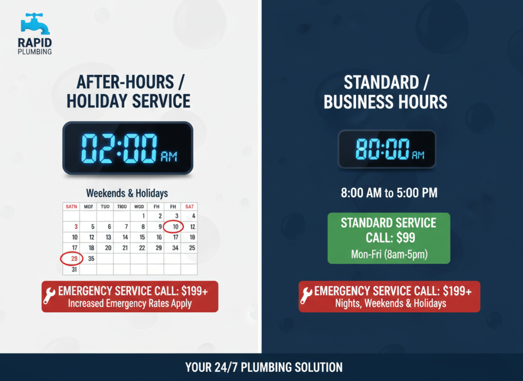 Clock showing after-hours emergency plumbing service times and associated costs