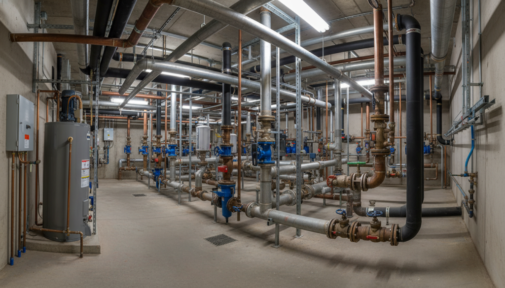 Commercial plumbing system with multiple pipes Commercial plumbing system with multiple pipes