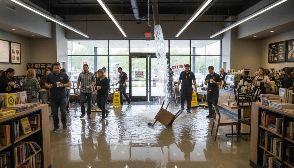 Commercial property with emergency plumbing problems affecting business operations Commercial property with emergency plumbing problems affecting business operations