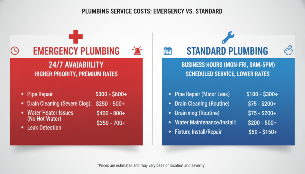 Comparison chart showing emergency vs standard plumbing service costs