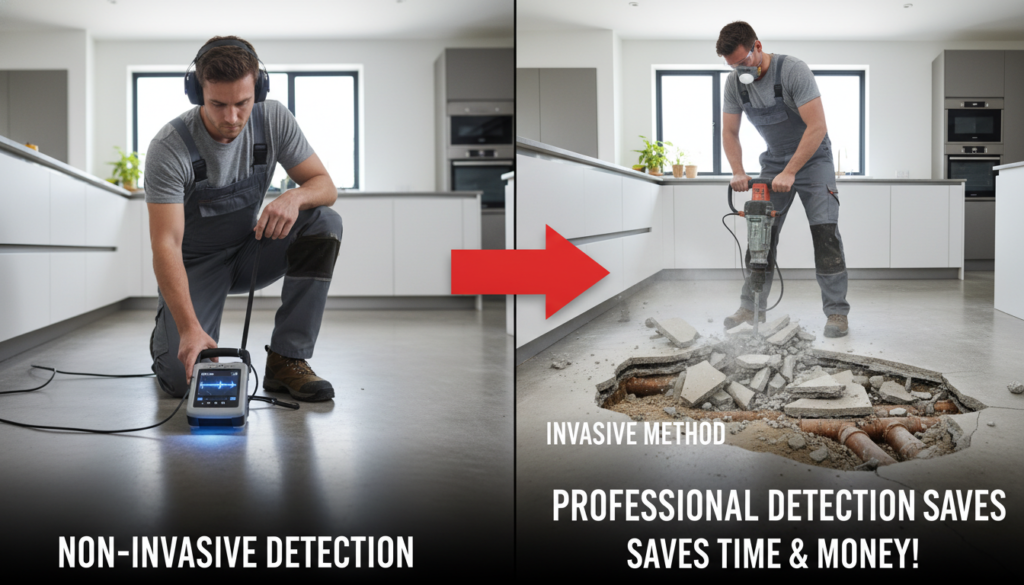 Comparison of non-invasive slab leak detection versus invasive concrete removal methods Comparison of non-invasive slab leak detection versus invasive concrete removal methods