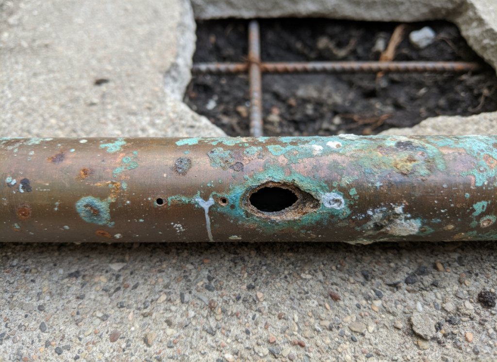 Corroded copper pipe showing pinhole leaks that commonly cause slab leaks Corroded copper pipe showing pinhole leaks that commonly cause slab leaks