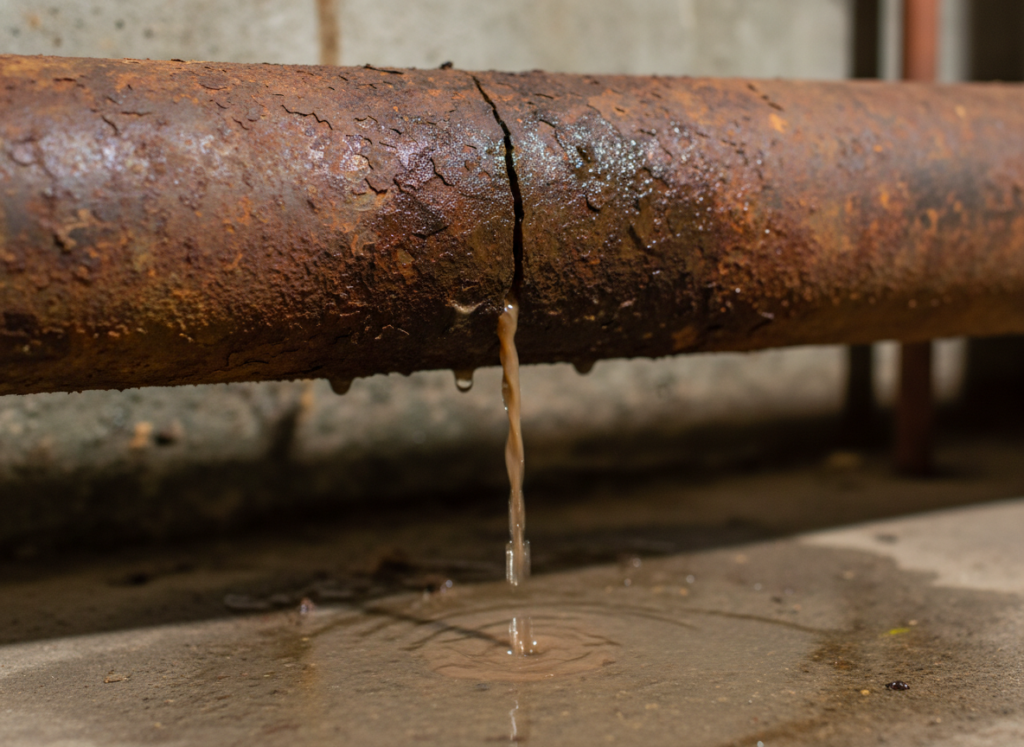 Corroded pipe showing signs of wear that led to a burst pipe emergency