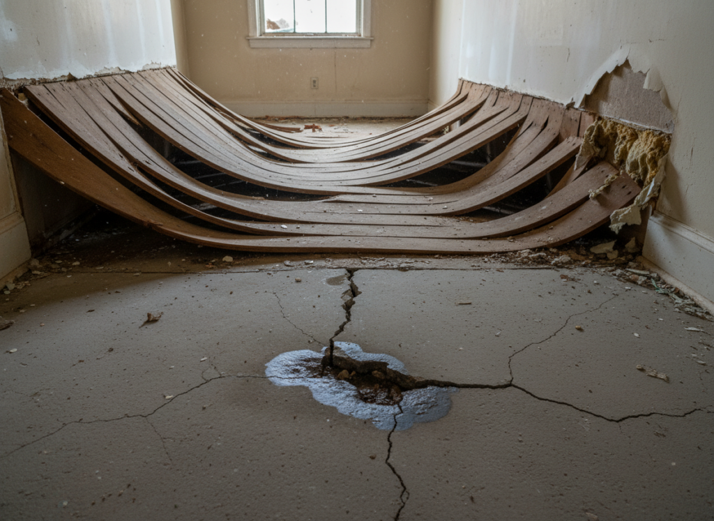 Cracked foundation and warped flooring caused by a severe slab leak