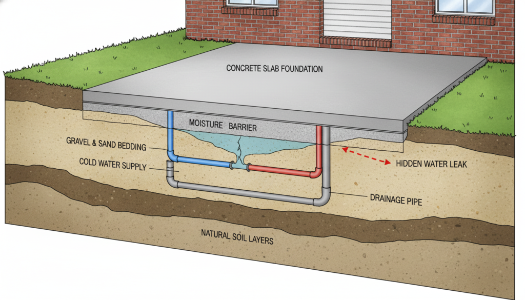 Cross-section diagram showing how concrete slabs hide water leaks beneath a house foundation Cross-section diagram showing how concrete slabs hide water leaks beneath a house foundation