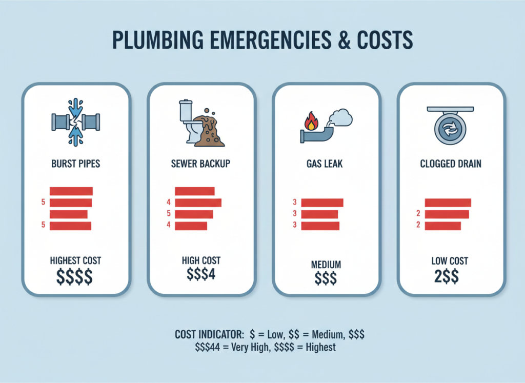 Different types of plumbing emergencies showing varying cost levels