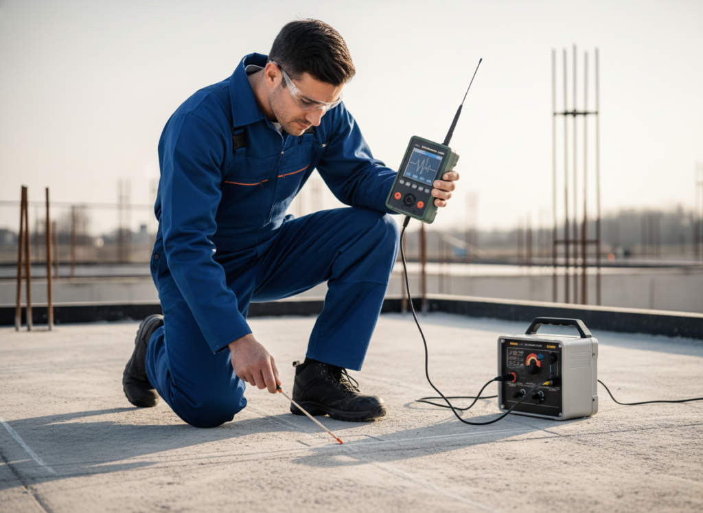 Electronic leak detection equipment being used to trace pipes under concrete Electronic leak detection equipment being used to trace pipes under concrete