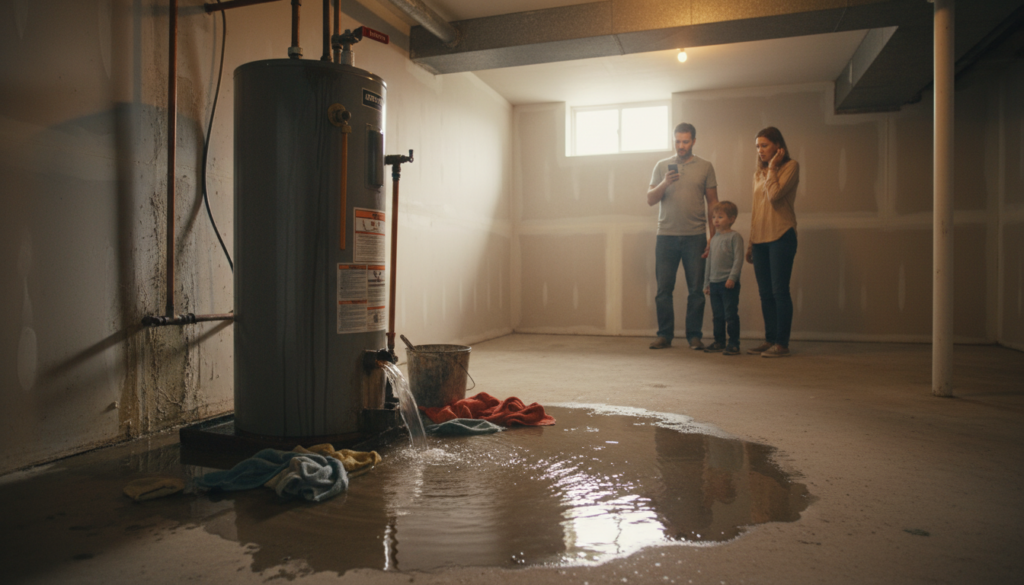 Failed water heater leaking and causing emergency plumbing problems Failed water heater leaking and causing emergency plumbing problems