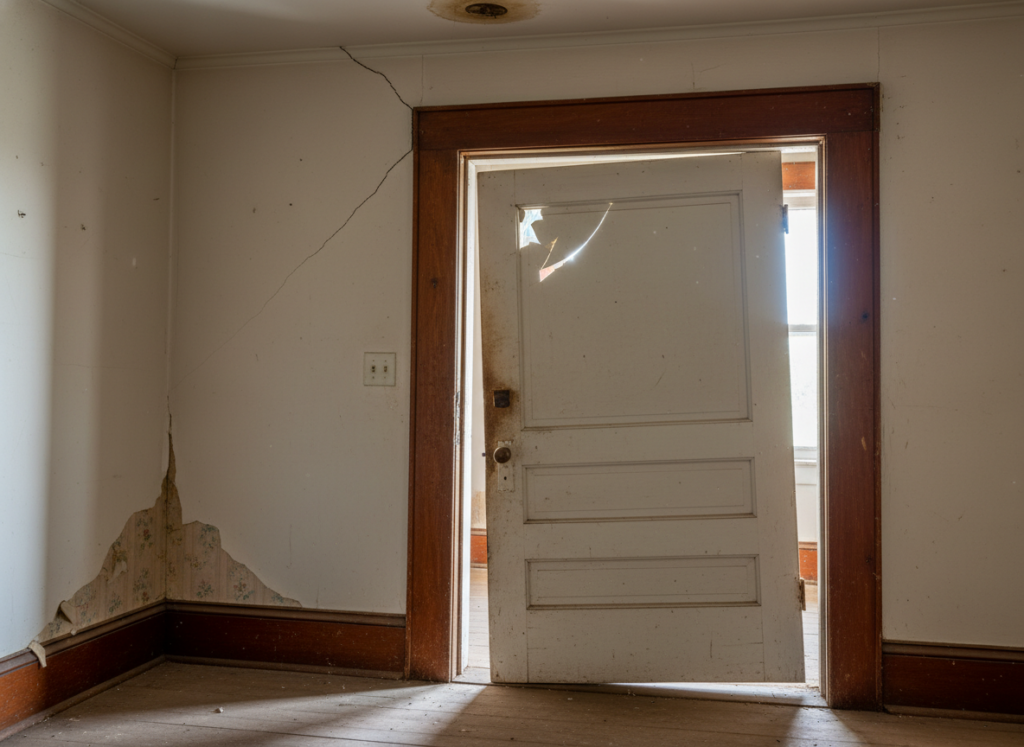 Foundation shifting causing door frame misalignment due to slab leak Foundation shifting causing door frame misalignment due to slab leak