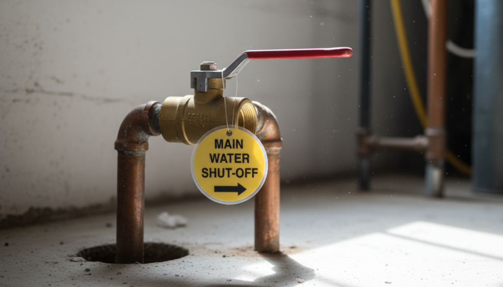 Home water shut-off valve labeled for emergency plumbing problems Home water shut-off valve labeled for emergency plumbing problems