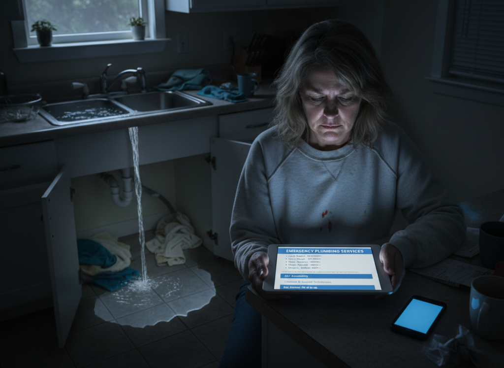 Homeowner reviewing emergency plumbing cost information on tablet