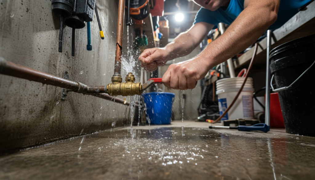 Homeowner shutting off main water valve during a burst pipe emergency
