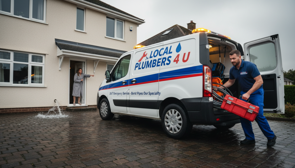 Local Plumbers 4 U service van responding to a burst pipe emergency