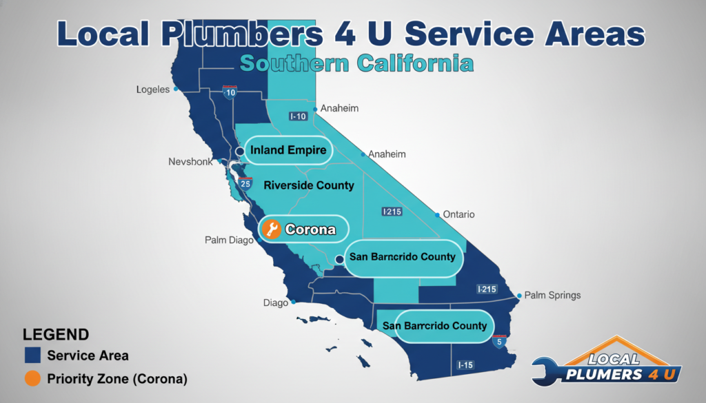 Map showing Local Plumbers 4 U service areas in Inland Empire, Riverside County, San Bernardino County, and Corona Map showing Local Plumbers 4 U service areas in Inland Empire, Riverside County, San Bernardino County, and Corona