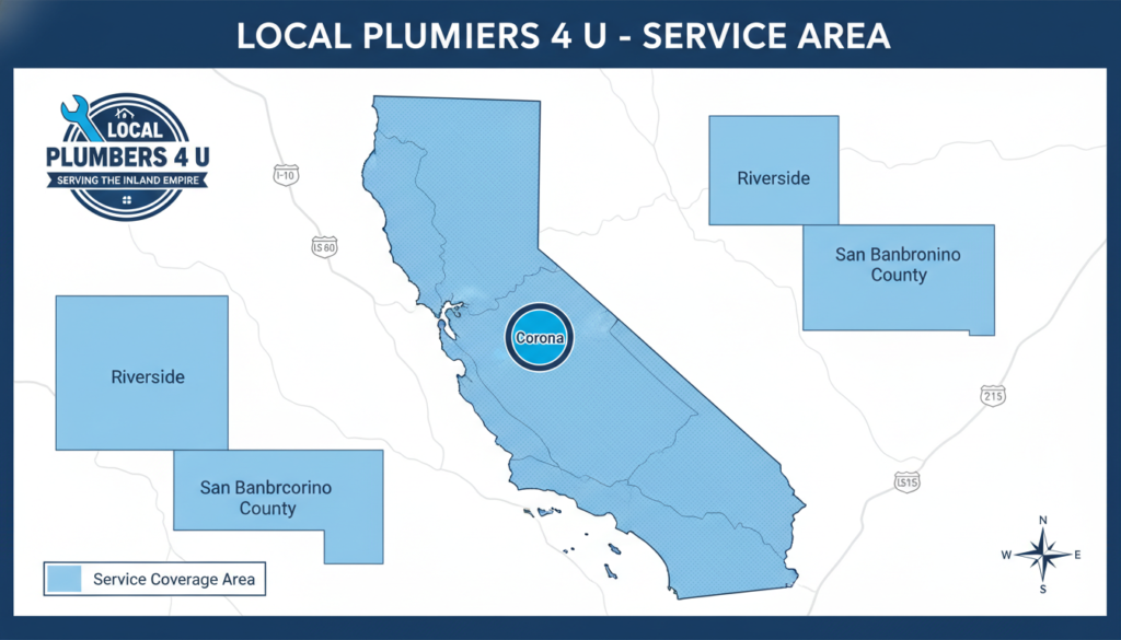 Map showing Local Plumbers 4 U service areas in Inland Empire, Riverside County, San Bernardino County, and Corona Map showing Local Plumbers 4 U service areas in Inland Empire, Riverside County, San Bernardino County, and Corona