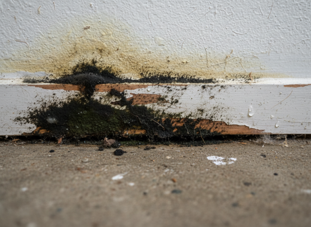 Mold growth on baseboards and walls resulting from moisture from a slab leak Mold growth on baseboards and walls resulting from moisture from a slab leak