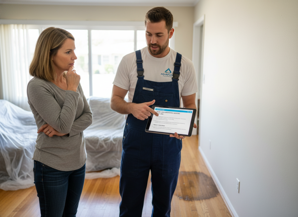 Plumber explaining slab leak detection and repair costs to homeowner Plumber explaining slab leak detection and repair costs to homeowner
