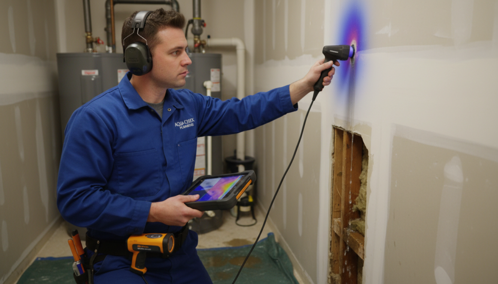 Plumber locating a hidden burst pipe using specialized equipment