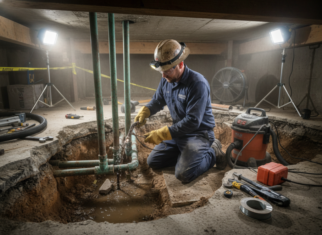 Plumber performing emergency slab leak repair on exposed pipes