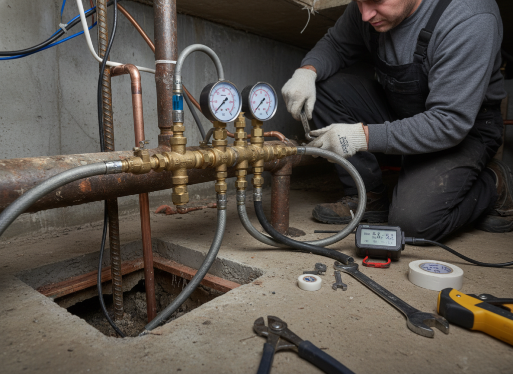 Plumber performing pressure testing on isolated pipe sections to detect leaks Plumber performing pressure testing on isolated pipe sections to detect leaks