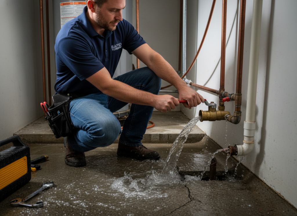Plumber shutting off main water valve during a slab leak emergency Plumber shutting off main water valve during a slab leak emergency