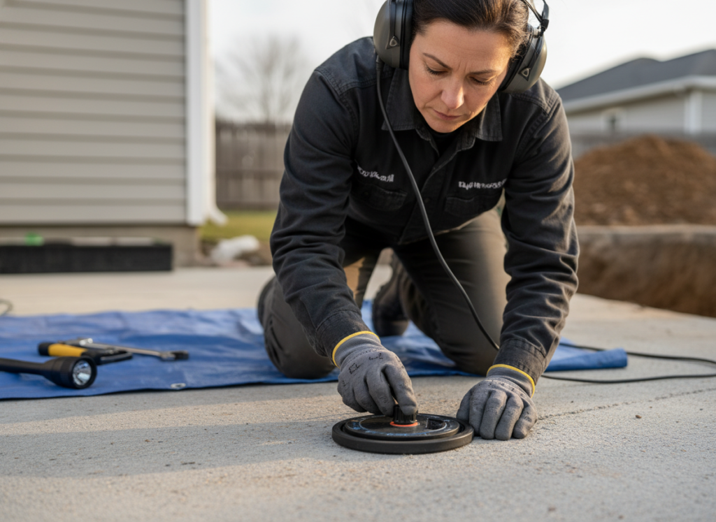 Plumber using acoustic listening device to detect water leak sounds under a slab foundation Plumber using acoustic listening device to detect water leak sounds under a slab foundation