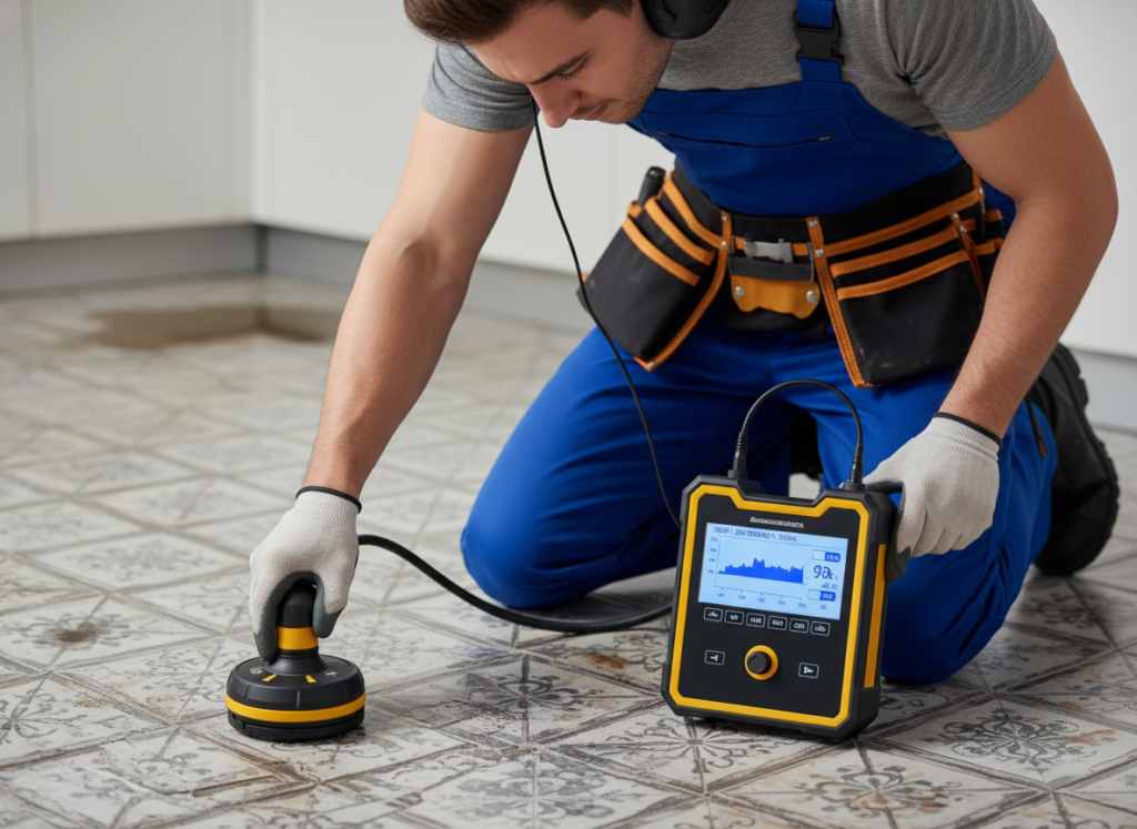 Plumber using electronic leak detection equipment to locate a slab leak