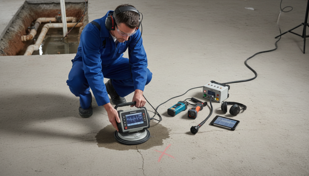 Plumber using specialized equipment to detect a slab leak under concrete foundation