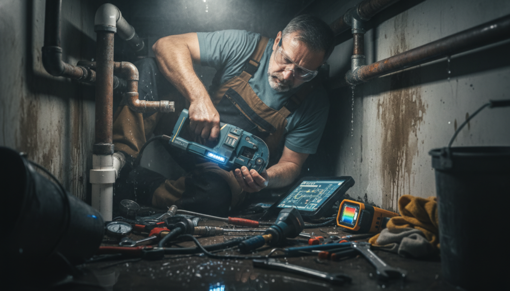 Plumber working on complex emergency repair showing specialized tools and equipment