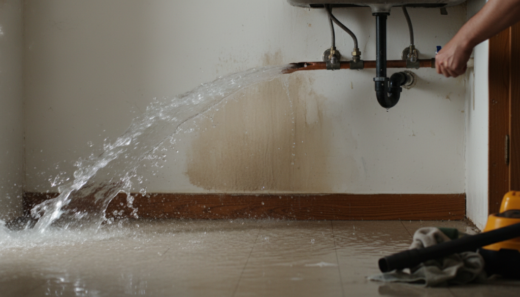 Pressurized pipe leak causing water spray during plumbing emergency Pressurized pipe leak causing water spray during plumbing emergency