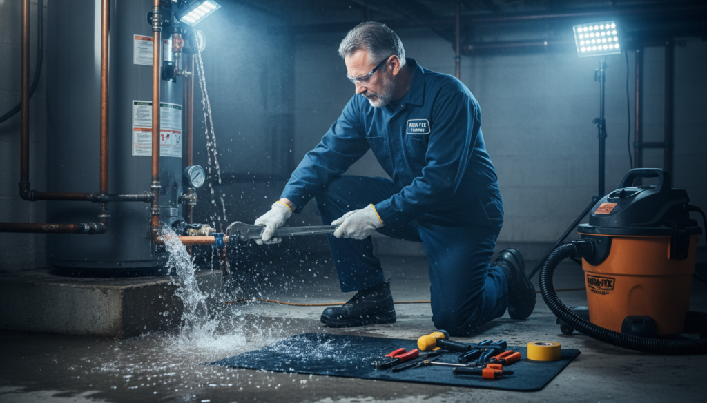 Professional plumber fixing a leak during emergency service Professional plumber fixing a leak during emergency service