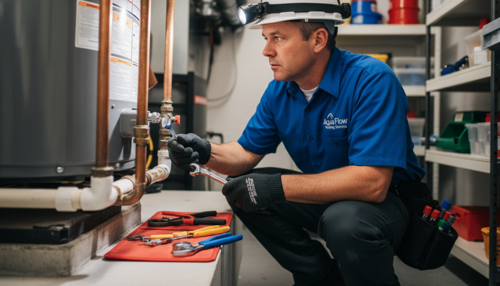 Professional plumber performing preventive maintenance to avoid emergency plumbing problems Professional plumber performing preventive maintenance to avoid emergency plumbing problems