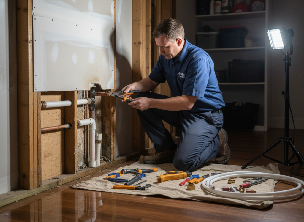 Professional plumber repairing a burst pipe