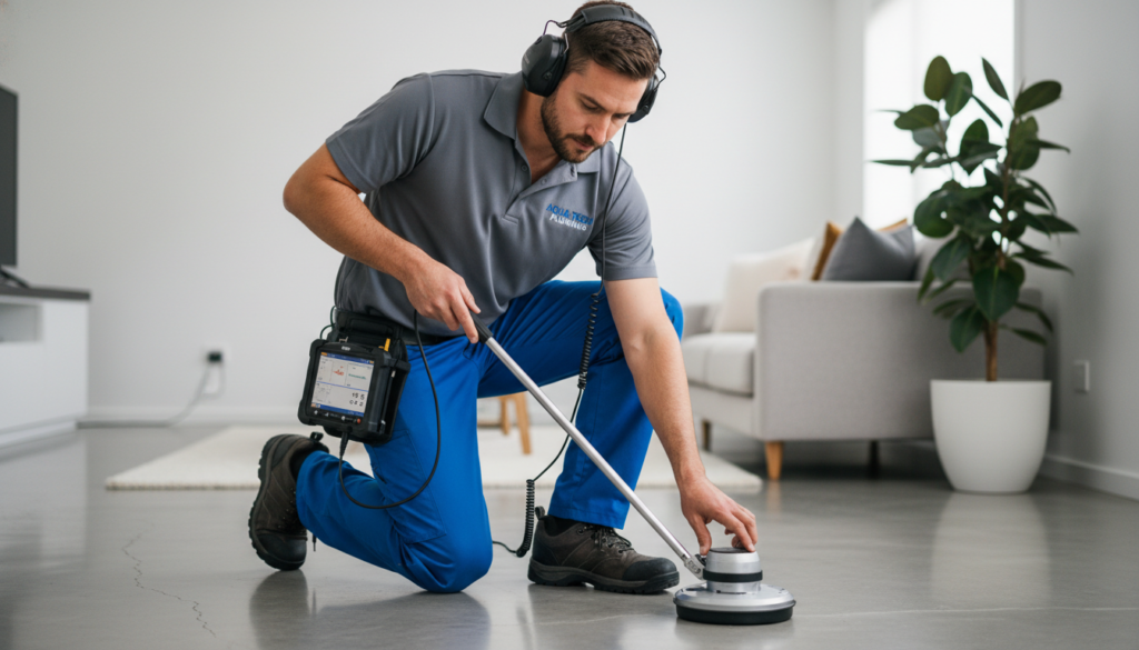 Professional plumber using acoustic equipment to detect a slab leak Professional plumber using acoustic equipment to detect a slab leak