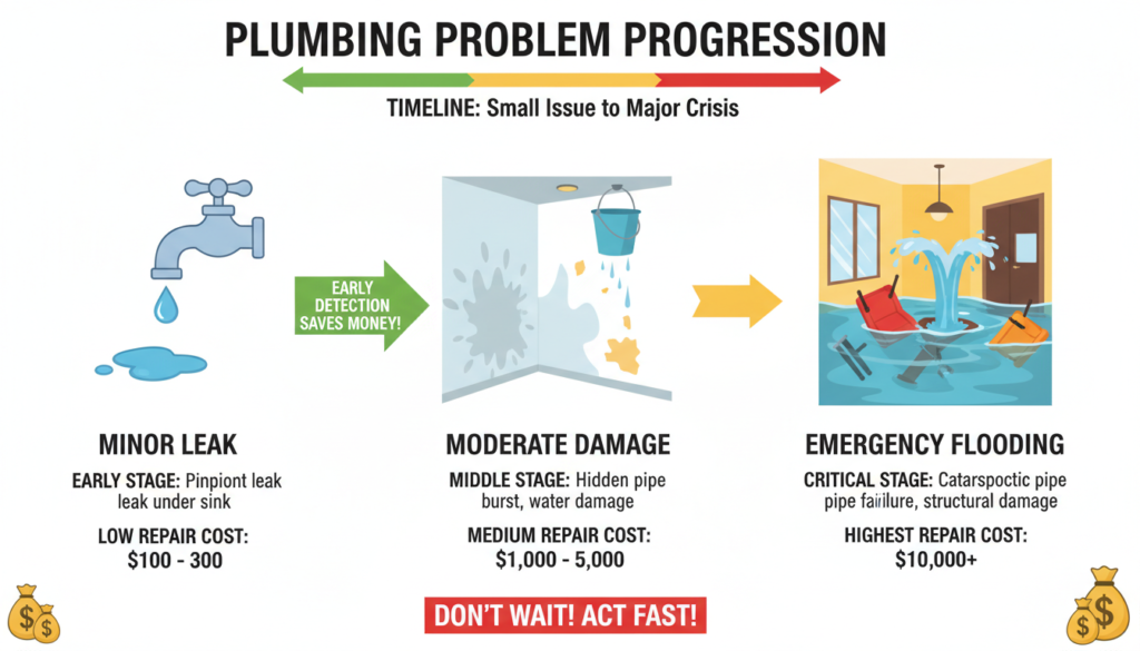 Progression showing how small plumbing issues escalate into costly emergencies