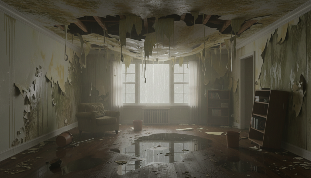 Severe water damage to ceiling and walls from a burst pipe emergency