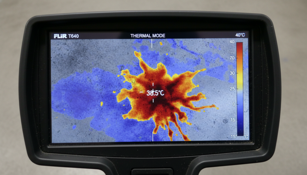 Thermal imaging camera showing hot water leak under concrete slab with temperature variations Thermal imaging camera showing hot water leak under concrete slab with temperature variations