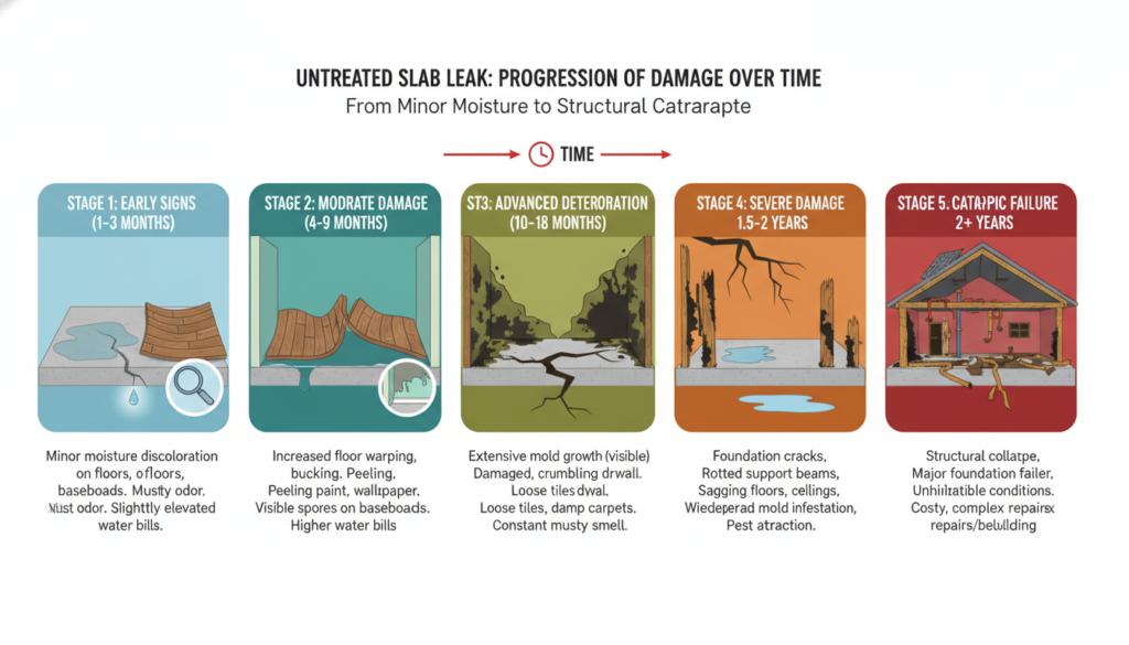 Timeline showing progression of damage from an untreated slab leak Timeline showing progression of damage from an untreated slab leak