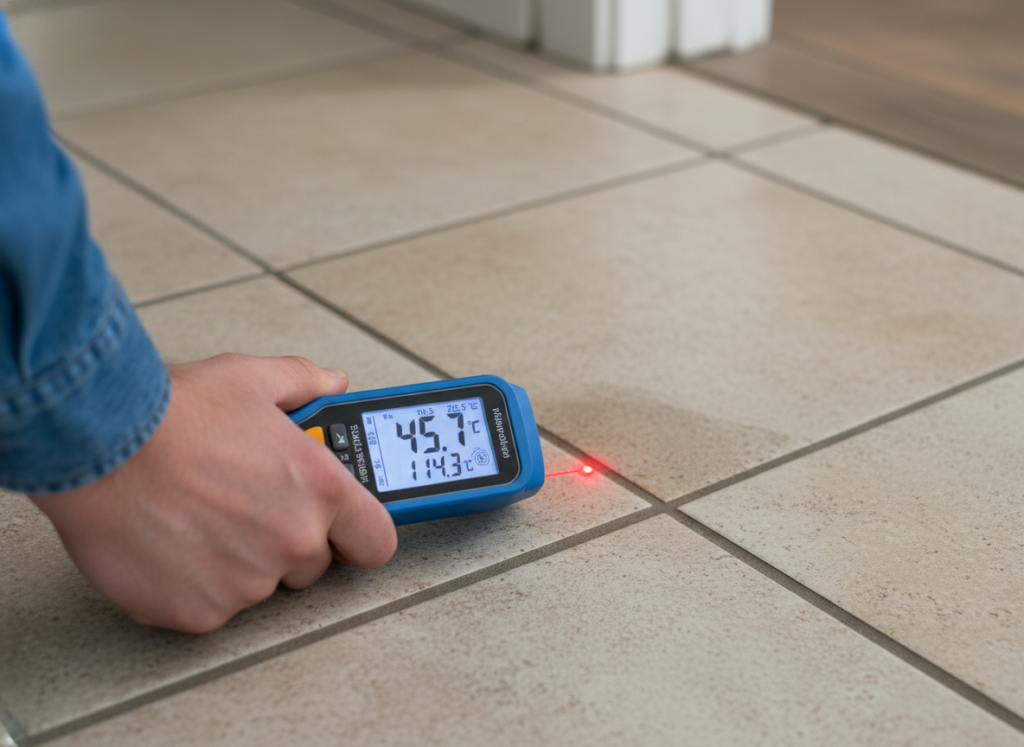 Warm spot on floor being detected with an infrared thermometer showing a slab leak