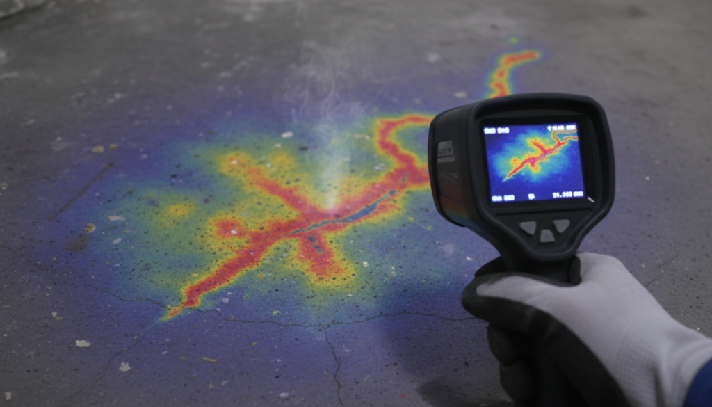 Warm spots on floor indicating early signs of a slab leak being detected with thermal imaging
