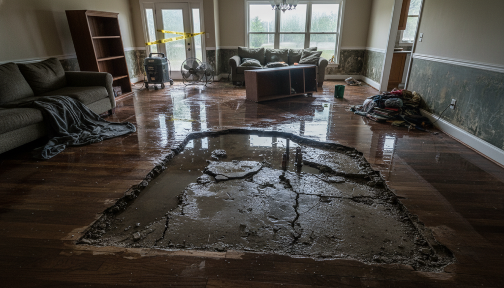 Water damage from a slab leak emergency showing flooded flooring and visible foundation damage