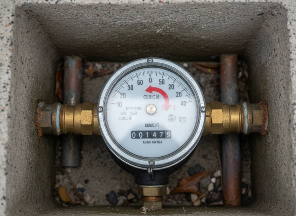 Water meter showing movement indicating a potential slab leak when all fixtures are turned off Water meter showing movement indicating a potential slab leak when all fixtures are turned off