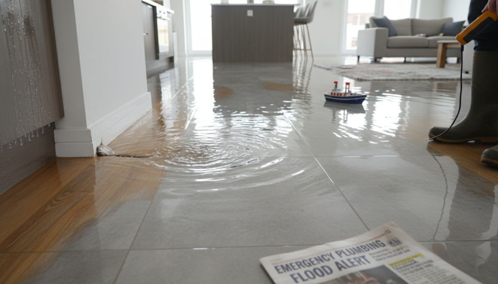 Water pooling on floor indicating an emergency slab leak situation Water pooling on floor indicating an emergency slab leak situation