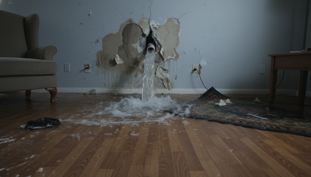 Water rapidly spreading from a burst pipe emergency in a home, showing damage to walls and flooring